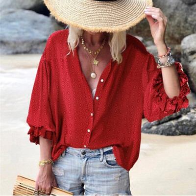 

Women Autumn V Collar Loose Long Sleeve Blouse Casual T-Shirt Tops