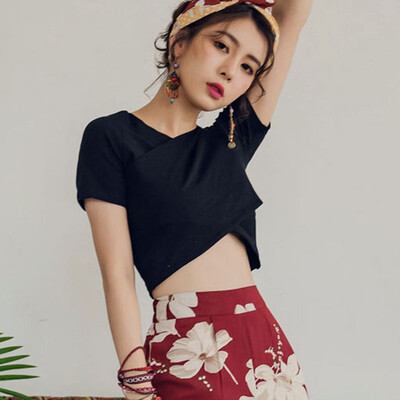 

Women Sexy V Neck Short Sleeve T-Shirt Summer Solid Crisscross T Shirt Top Harajuku Cute Casual Slim Basic Lady Tee T Shirts Top