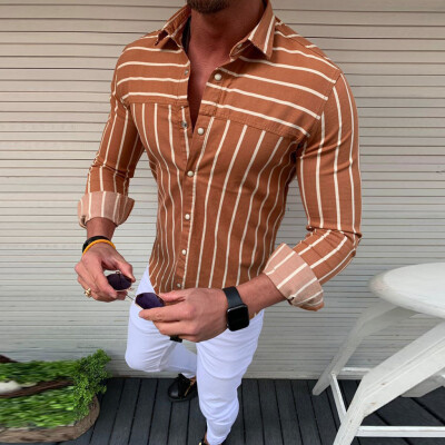 

Toponeto Mens Baggy Stripe Turn Down Long Sleeve Retro T Shirts Tops Blouse