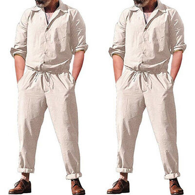 

Men Long Sleeve Solid Coverall One Piece Jumpsuits Cotton Pants Trouser Romper