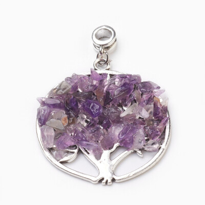 

Natural Amethyst European Dangle Beads Large Hole Pendants with Antique Silver Plated Alloy Findings Flat Round with Tree