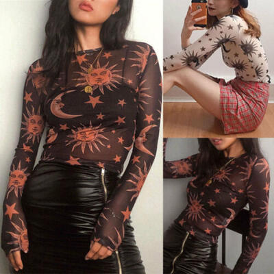 

Women Sheer Mesh Long Sleeve T-Shirt Tee Hollow Transparent Net Slim Blouse Tops