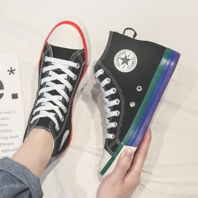 

Canvas shoes mens shoes students Korean version of ulzzang high to help 2019 new white wild rainbow seesaw shoes