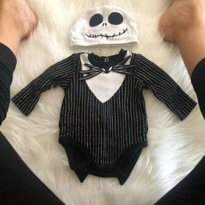 

Newborn Baby Boy Halloween Costume Stripe Bat Romper Jumpsuit BodysuitGhost Hat