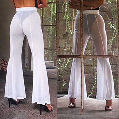 

Womens Beach Mesh Sheer Bikini Cover Up Transparent Long Flared Pant Trousers