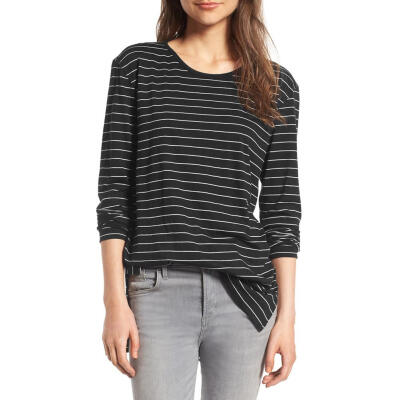 

Casual Stripe Women Low Split Basic T-shirt Autumn Round Neck Loose Tops