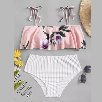 

Saidsome New Women Two Pieces Sexy Print Crop Ruffled Off-Shoulder Bikini Swimwear