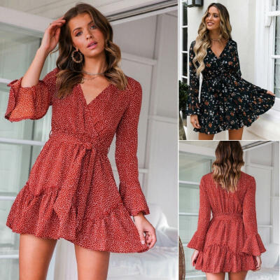 

Women Boho Ruffle Floral Long Sleeve V-Neck Lady Party Evening Cocktail Dress