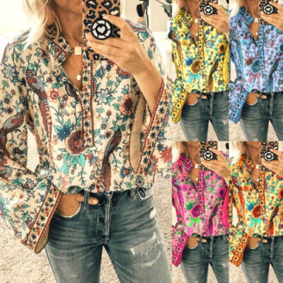 

Womens Ethnic Style Floral Long Sleeve Blouse Ladies V Neck Holidays Tunic Tops