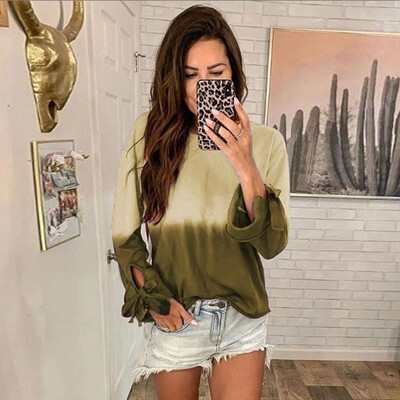 

Women Autumn Winter Blouse Rainbow Gradient Print O Neck Long Sleeve Lace Up Casual Loose Pullover Tee Basic Tops