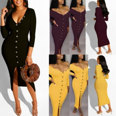 

Women Long Sleeve Slim Bodycon Dress Sexy V Neck Stretch Ribbed Knit Button Down Sweater Dresses Midi Dress