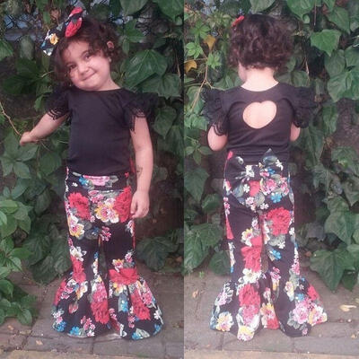 

Fahion Kids Baby Girls Lace Sleeve Tops T shirtFloral Pants Outfits Set Clothes