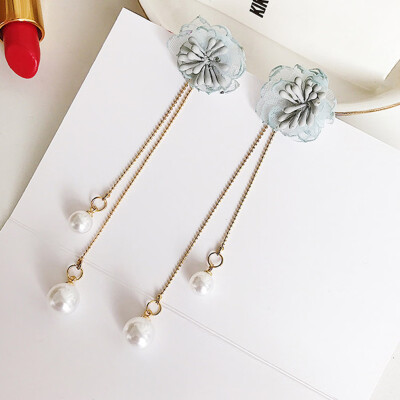 

Pendientes Mujer Moda Earrings For Women Trendy Korean Elegant Chiffon Flower Simulated Pearl Beads