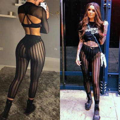 

Tailored Women Mesh Striped Long Pant Slim Leggings Trouser Sheer Party Cocktail Swimwear