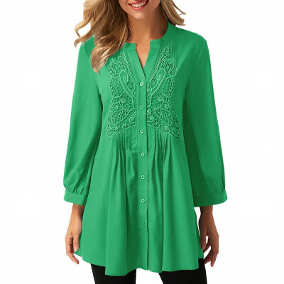 

Solid color V-neck single-breasted long-sleeved printed medium-length shirt-style casual top