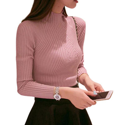 

Solid Color Sweater High Neck Knitted Jumper Women Long Sleeve Slim Tops
