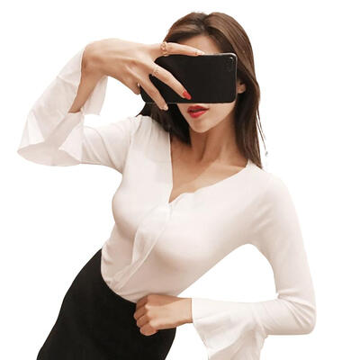 

Fashion Women T-Shirt V-Neck Ruffled Sleeve Slim Fit Autumn Sexy Retro Tops