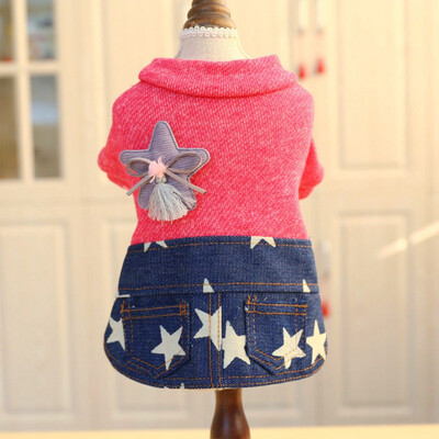 

Star Pink Topper Jeans Skirt For Puppy Girl Dogs Winter Warm Clothes Stars Printed Denim Skirt And 2 Legged Thickening Tops
