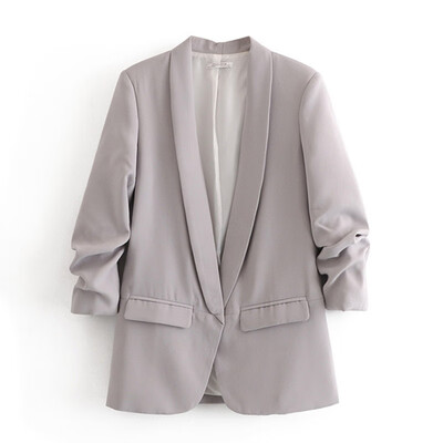 

Fashion Blazer For Women Ruffled 34 Sleeve Cardigan Pleated Solid Color Pocket Blazer