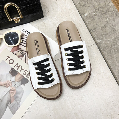 

Red slippers women summer wear ins tide 2019 new muffin thick bottom fashion Joker student lace-up beach shoes
