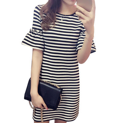 

Korean Female Stripe Print Dress Women O-neck Short Sleeve Loose Dresses