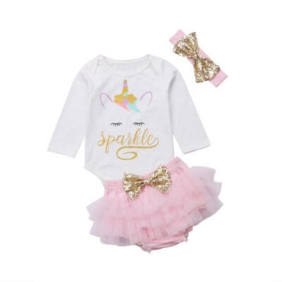 

3Pcs Newborn Baby Girls Unicorn Cotton Tops Romper Pants Skirt Outfits Clothes