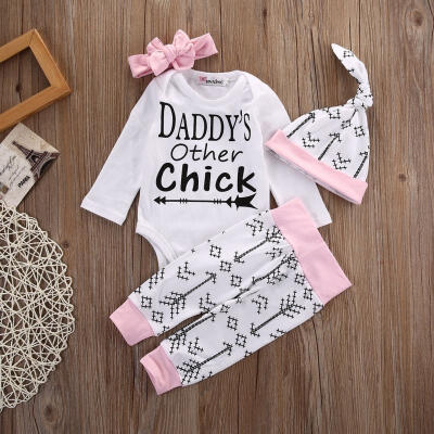 

4PCS Set Newborn Baby Little Girl Romper Tops Long Pants Hat Outfit Clothes Set