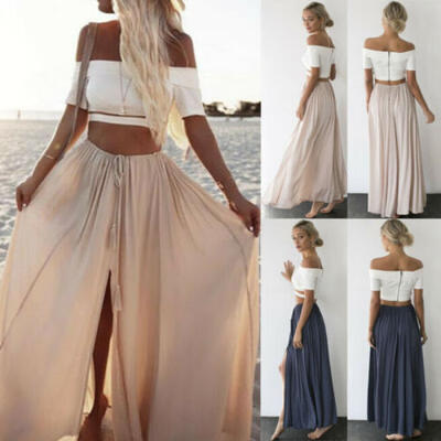 

Womens Double Layer Chiffon Pleated Retro Long Maxi Dress Elastic Waist Skirt
