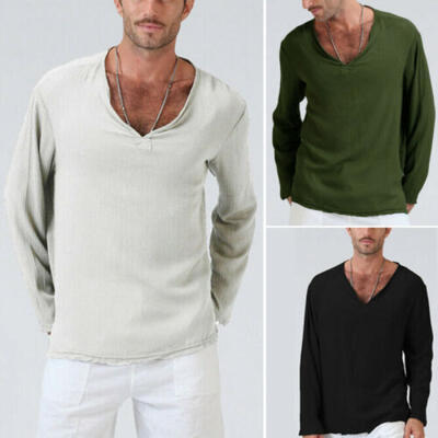 

New Mens Long Sleeve Shirt Autumn Loose Casual V-Neck Blend Shirts Tops -3XL