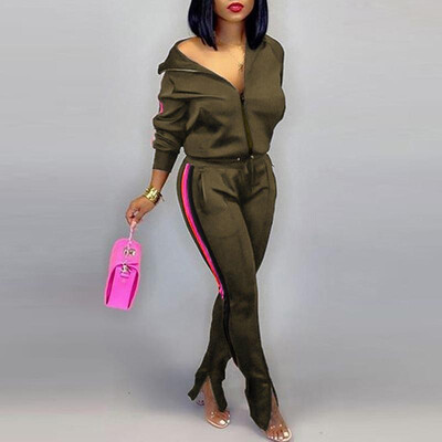 

Women Bomber Jacket Pants Set Zip Up Striped Side Slit Bottom Spring Sporty Casual Coat Trousers 2PCS