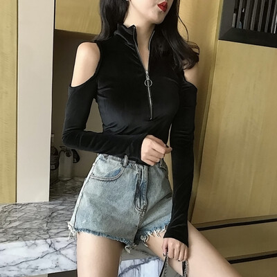 

Gold Velvet Women T Shirt Solid Color Slim Long-Sleeved Half-high Collar Slim Bottom Sexy Off-the-shoulders Tee Tops
