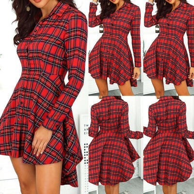 

Autumn Women´s Red Plaid Long Sleeve Shirt Dress