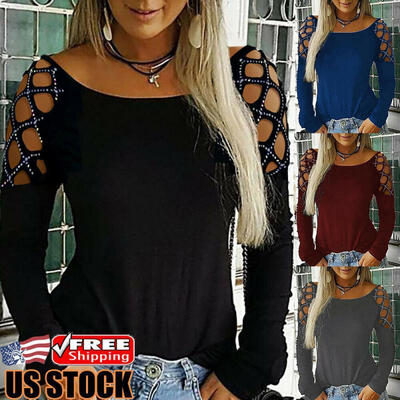 

Womens Hollow Long Sleeve Loose T-Shirt Ladies Summer Casual Blouse Tops Tee