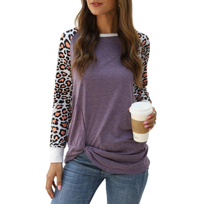 

Women Long Sleeve Casual T-shirt Spring O Neck Leopard Print Patchwork Tops