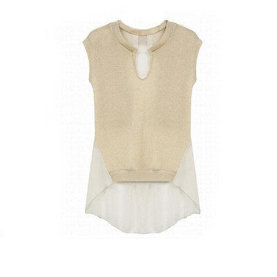 

New Fashion Women Knitted T-shirt Faux Two-Piece Patchwork Sleeveless Irregular Blouse Tops Black