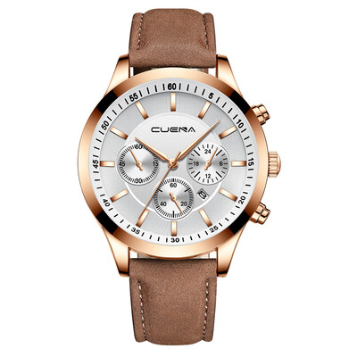 

Gobestart CUENA Mens Business Leath Belt Watch Three Eyes Six-Piece Calendar Quartz Watch