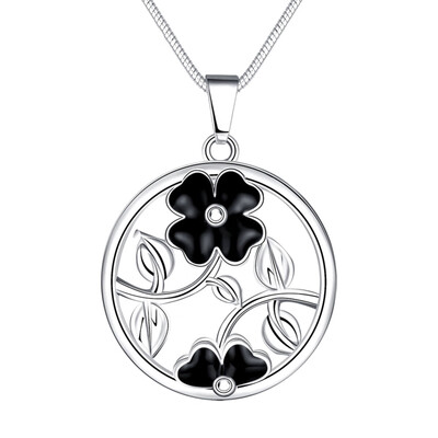 

Antique Silver Plated Jewellery New Vintage Black Crystal Flower Pendant Necklace