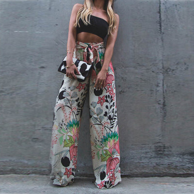 

Tailored Womens Fashion Embroidered Belt Print Casual Pants Wide Leg Pant