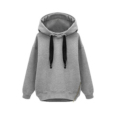 

Women Hooded Sweatshirt Long Sleeve Velvet Thick Warm Hoodies Female Zipper Decor Pullover Solid Color Sweatshirts Tops