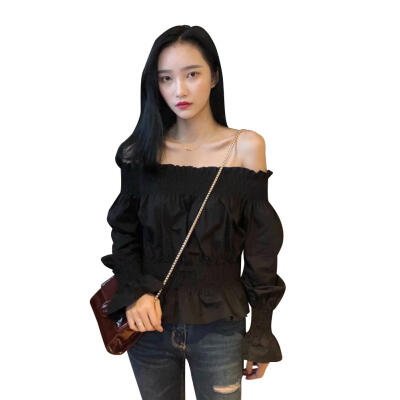 

Women Blouse Long Puff Sleeve Strapless Ruffled Solid Chiffon Fashion Tops