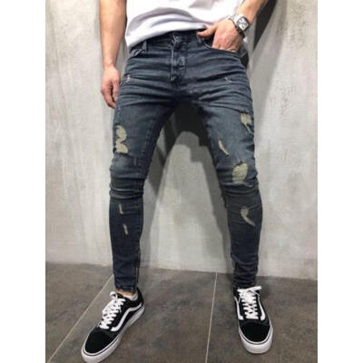 

Mens Ripped Jeans Stretchy Skinny Slim Fit Denim Pants Destroyed Frayed Trousers