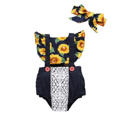 

Summer Newborn Baby Girls Rompers Flowers Flare Sleeve Floral Print Jumpsuit For Girls Clothes With Headband