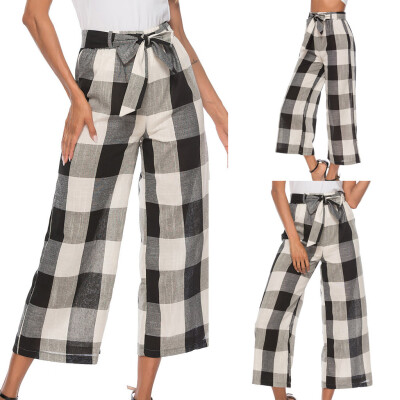 

Womens Causal Office Ladies High Waist Outdoor Bow Plaid Print Long Pants