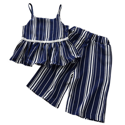 

Girls Print Sling Trousers Set Girls Striped Print Sleeveless Strap TopsPants Summer Beach Outfits Clothes Set