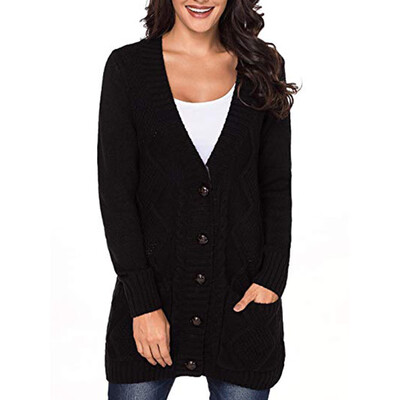

Toponeto Women Solid Open Front Pockets Cardigan Sweater Button Down Knitted Sweater Coat