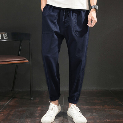 

Gobestart Men Pure Color Trousers Tethers Cotton Linen Nine Points Small Feet Casual Pant