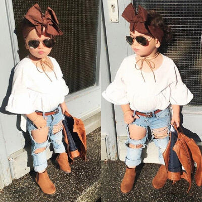 

Fashion Baby Kids Girl Tunic Tops Dress Ripped Denim Pants Jeans Outfits Clothes