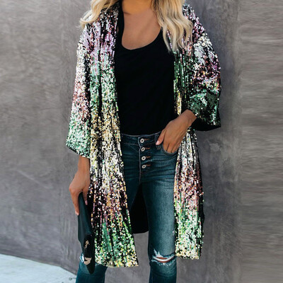 

Toponeto Womens Autumn Flare Sleeve Sequins Metallic Open Front Cardigan Coat