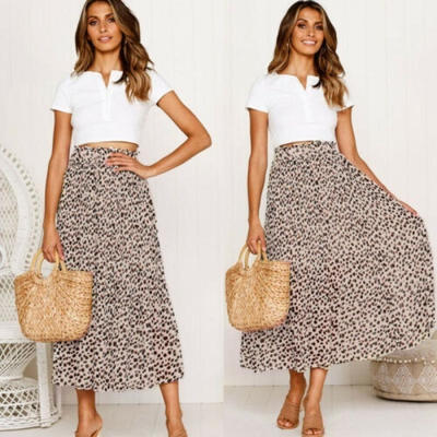 

Women Chiffon Pleated Long Maxi Dress Elastic Leopard Print Skirt Evening Party