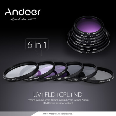 

Andoer 58mm Lens Filter Kit UVCPLFLDNDND2 ND4 ND8 with Carry Pouch Lens Cap Lens Cap Holder Tulip & Rubber Lens Hoods